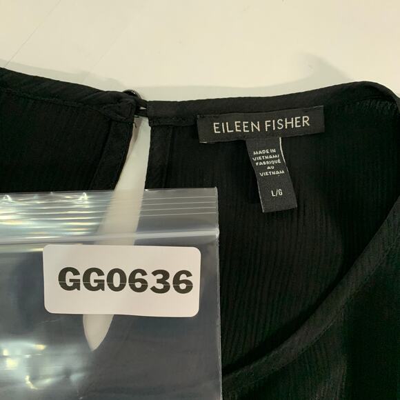 Eileen Fisher L Black Textured Cupro Round Neck Top Easy Fit Long Length - Picture 3 of 9